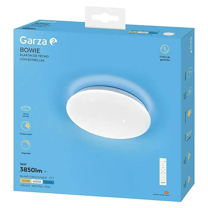 Garza Plafón LED redondo Estrellado - 36 W, Diámetro: 35 cm, Blanco, Blanco neutro - Imagen de una lámpara de techo Garza Bowie con efecto estrella, 36W y 3850lm, con temperatura de color regulable.