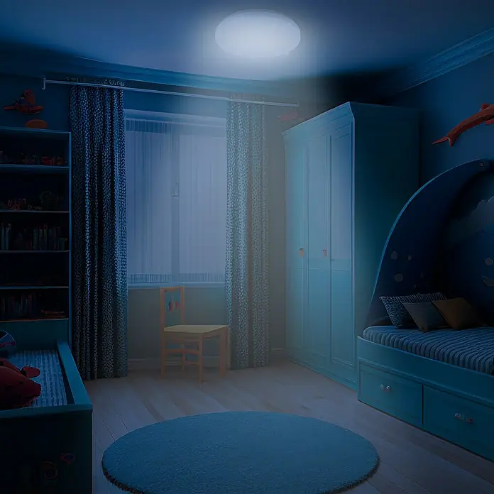 Garza Plafón LED redondo Estrellado - 36 W, Diámetro: 35 cm, Blanco, Blanco neutro - Toma de ángulo bajo de una lámpara de techo circular en una acogedora habitación infantil, con decoración azul e iluminación relajante.