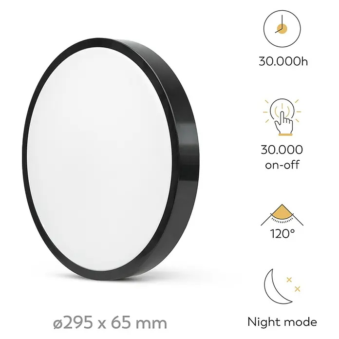 Garza Plafón LED redondo Road - 24 W, 29,5 cm, Negro, Blanco frío - Lámpara de techo LED redonda en blanco y negro con datos técnicos sobre vida útil, ciclos de conmutación, ángulo de haz y modo nocturno.