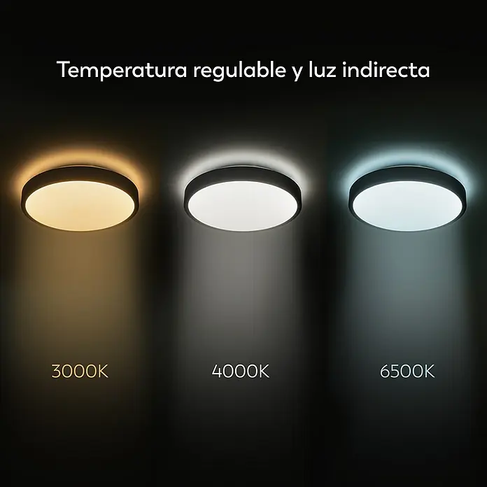Garza Plafón LED redondo Road - 24 W, 29,5 cm, Negro, Blanco frío - Representación de una lámpara LED de techo con temperatura de color ajustable de 3000K a 6500K.