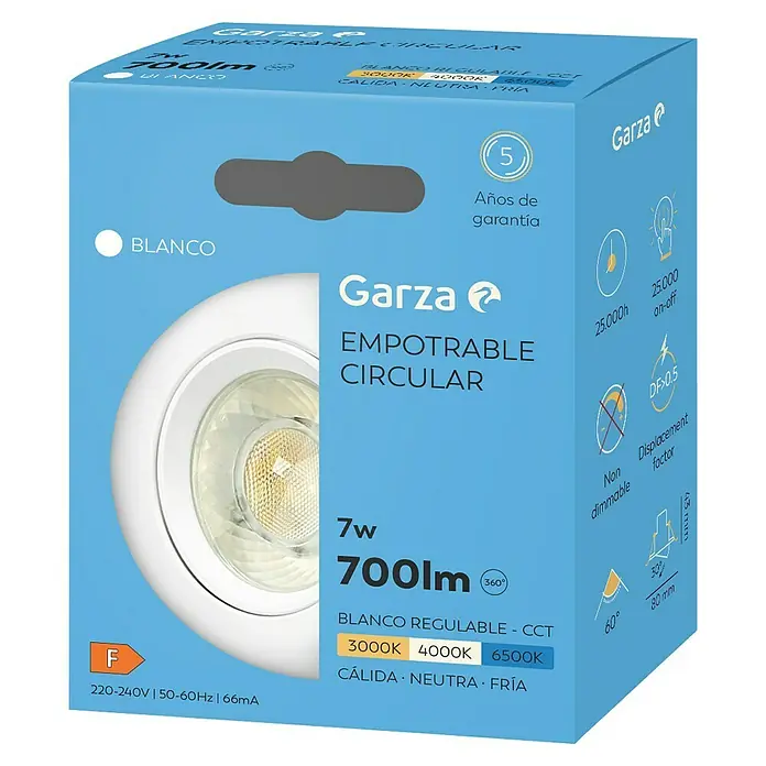 Garza Foco empotrable LED - 7 W, Ø x Al: 8,3 x 4 cm, Blanco, Blanco cálido - Imagen del producto: foco empotrable Garza, 7W, 700lm, CCT ajustable (3000K, 4000K, 6500K), no regulable, 5 años de garantía.