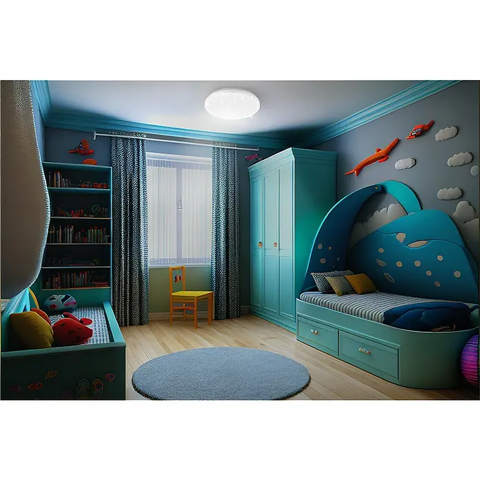 Garza Plafón LED redondo estrellado - 12 W, Diámetro: 23 cm, Blanco, Blanco neutro - Una habitación infantil luminosa con una cama azul en forma de ballena, una estantería y un armario a juego, ideal para niños imaginativos.