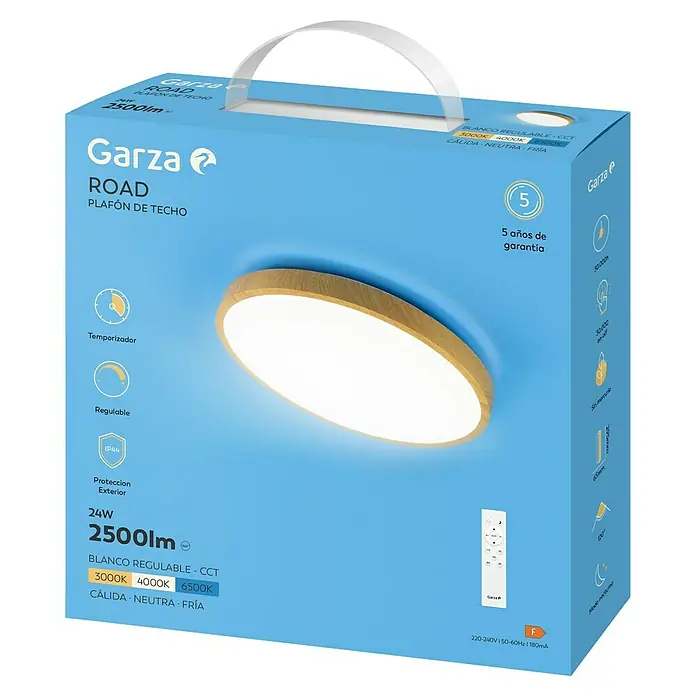 Garza Plafón LED redondo Road - 24 W, 29,5 cm, Madera, Blanco frío - Embalaje de la luminaria de techo Garza Road de 24W, 2500lm y temperatura de color ajustable.