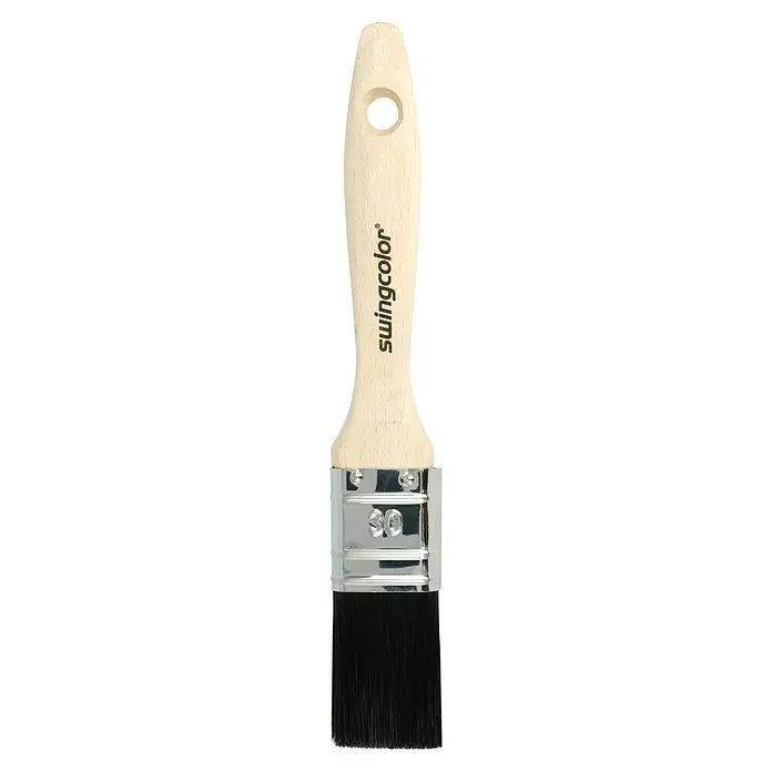 swingcolor Premium Flachpinsel Lack - Breite Borsten: 30 mm, All-in-one-Borsten, Naturholz - Ein Pinsel mit Holzgriff und schwarzem Borstenkopf, ideal zum Malen. Der Pinsel hat eine silberne Metallhalterung.