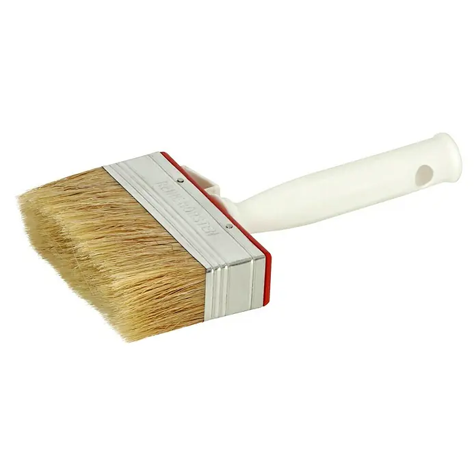 Pinsel-Set - 10 -tlg. - Detailaufnahme einer Quast-Bürste mit hellem Borsten und weißem Griff, ideal für Malerarbeiten. Perfekt für präzise und gleichmäßige Farbaufträge.