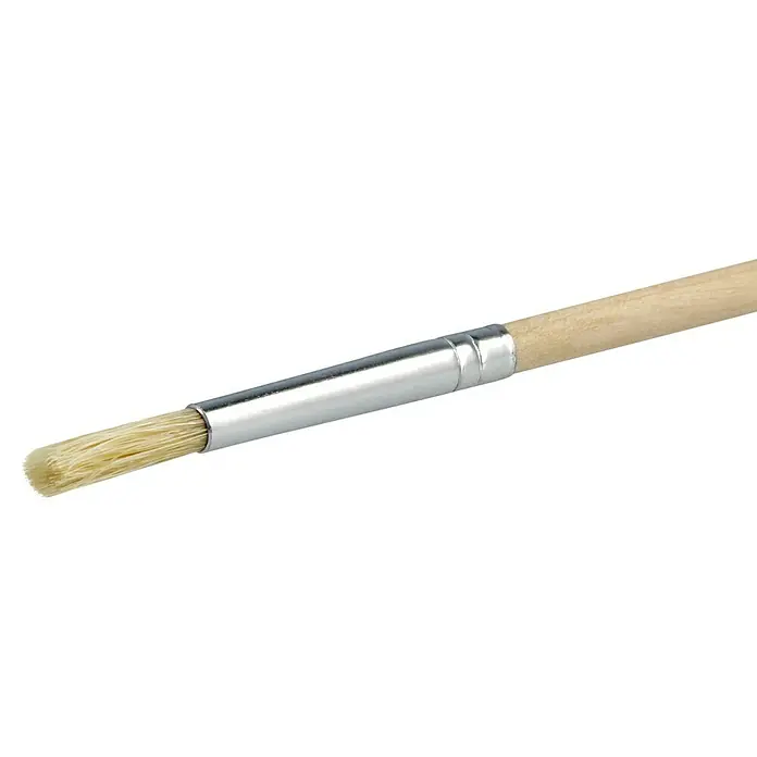 swingcolor Komfort Strichzieher Rund - Größe Pinsel: 6, Chinaborsten, Holz - Detailaufnahme eines runden Lackpinsels mit Holzgriff und silberner Zwinge vor schwarzem Hintergrund.