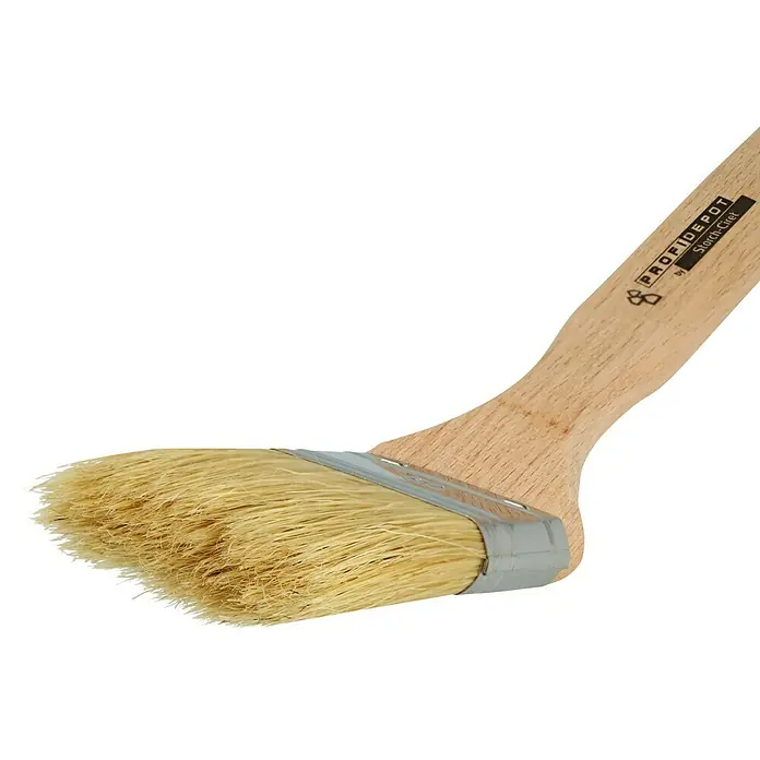 Profi Depot by Storch-Ciret Fassadenstreicher kurz - Breite Borsten: 50 mm, Mischborsten, Holz - Eine Detailaufnahme eines Eckpinsels von Profi Depot by Storch-Cret mit hellen Borsten und einem Holzgriff.