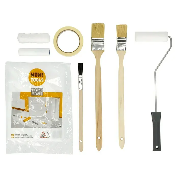 Profi-Renovier-Set - 9 -tlg. - Abbildung eines Malersets mit Farbroller, Abdeckband und verschiedenen Pinseln für Malerarbeiten und Renovierungen.