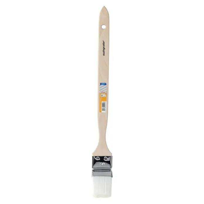 swingcolor Premium Heizkörperpinsel - Breite Borsten: 50 mm, Mischborsten, Naturholz - Swingcolor Premium Flachpinsel mit Holzgriff und einem Etikett mit Barcode, ideal für präzise Malerarbeiten.