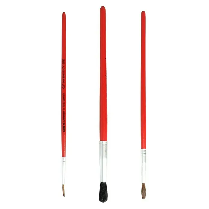 Hobbypinsel-Set - 3 -tlg., Größe Pinsel: 02, 04, 10, Naturholz - Drei rote Rundpinsel mit silberner Zwinge, ideal für feine Detailarbeiten und vielfältige Maltechniken.