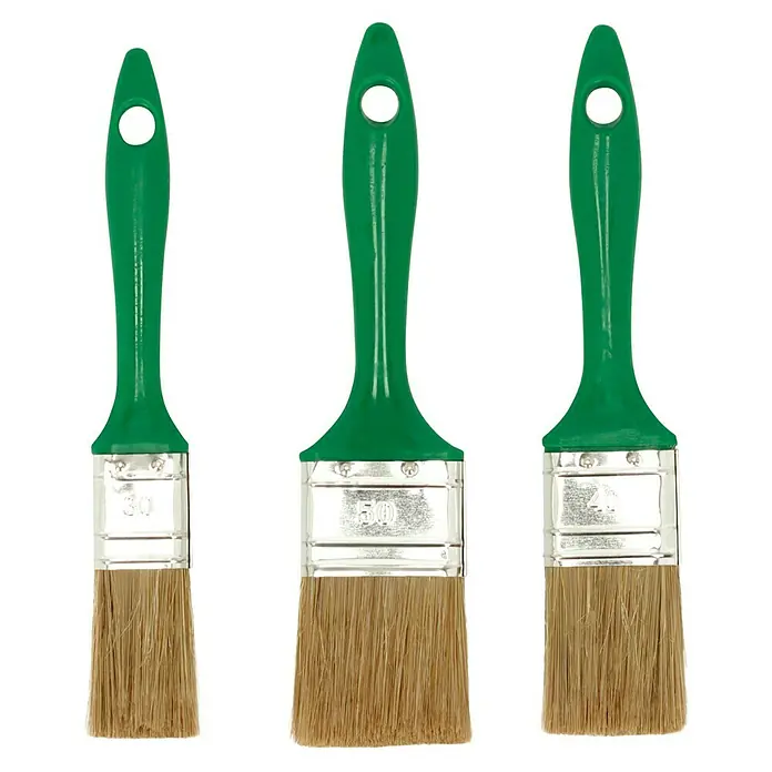 Lasur-Acryl-Pinsel-Set - 3 -tlg. - Drei Pinsel mit grünen Griffen und hellbraunen Borsten in verschiedenen Größen.