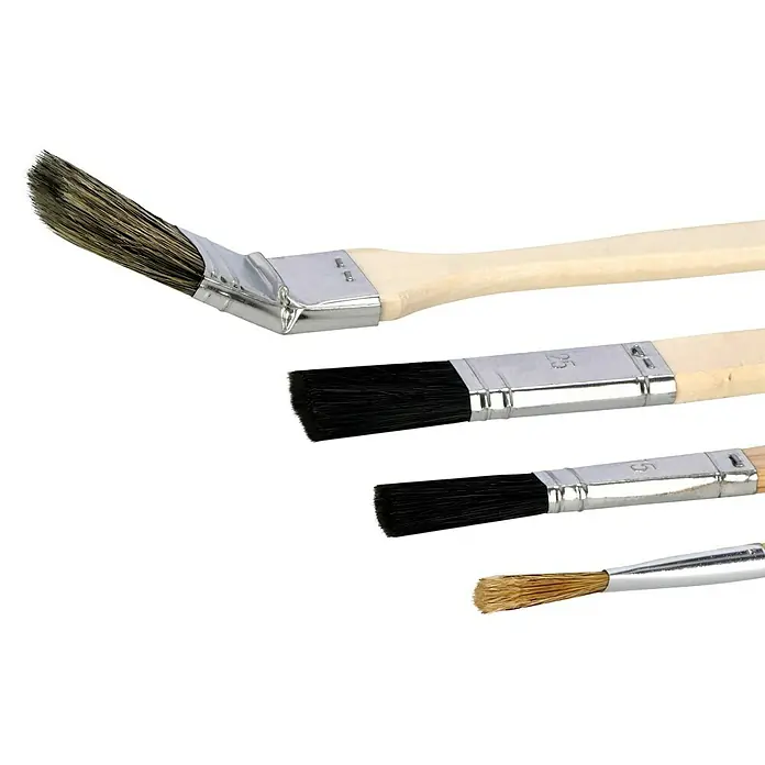 Pinsel-Set - 10 -tlg. - Nahaufnahme von vier verschiedenen Lackierpinseln mit Holzgriffen und Metallzwingen, geeignet für diverse Malarbeiten.