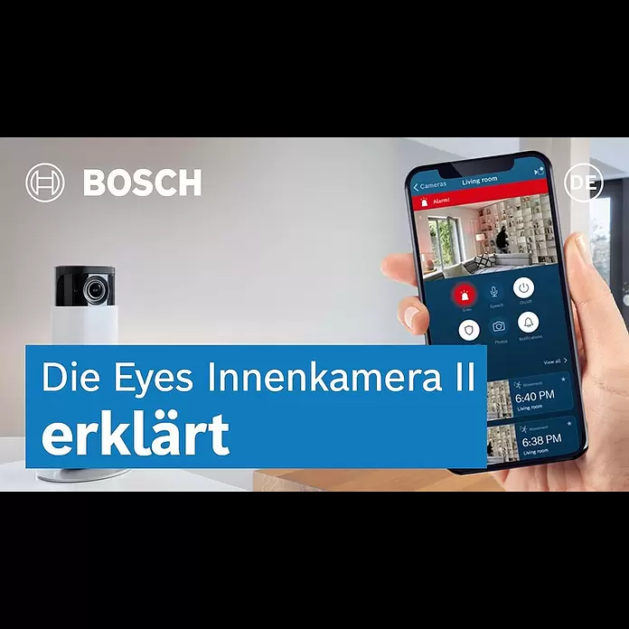 Bosch Smart Home Innenkamera Eyes II - Netzbetrieben, L x B x H: 160 x 72 x 160 mm, 1.920 x 1.080 Pixel (Full HD), Reichweite Funk: 0 m - 99 m - Die Eyes Innenkamera II erklärt | Bosch Smart Home