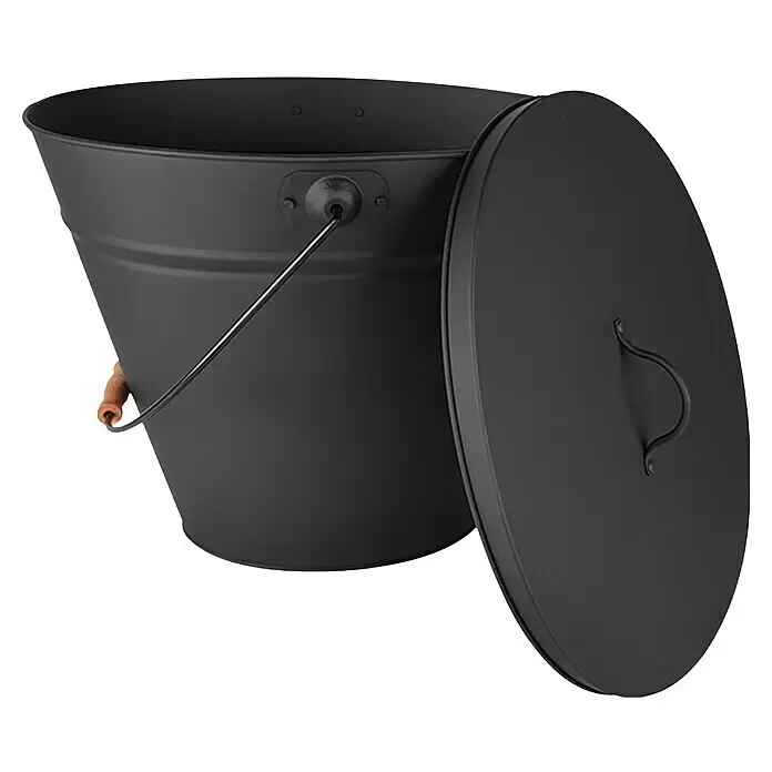 Firefix Ascheeimer - 22 l, Verzinkt - Schwarzer Metalleimer mit Deckel und Metallgriff mit Holzgriffstück.
