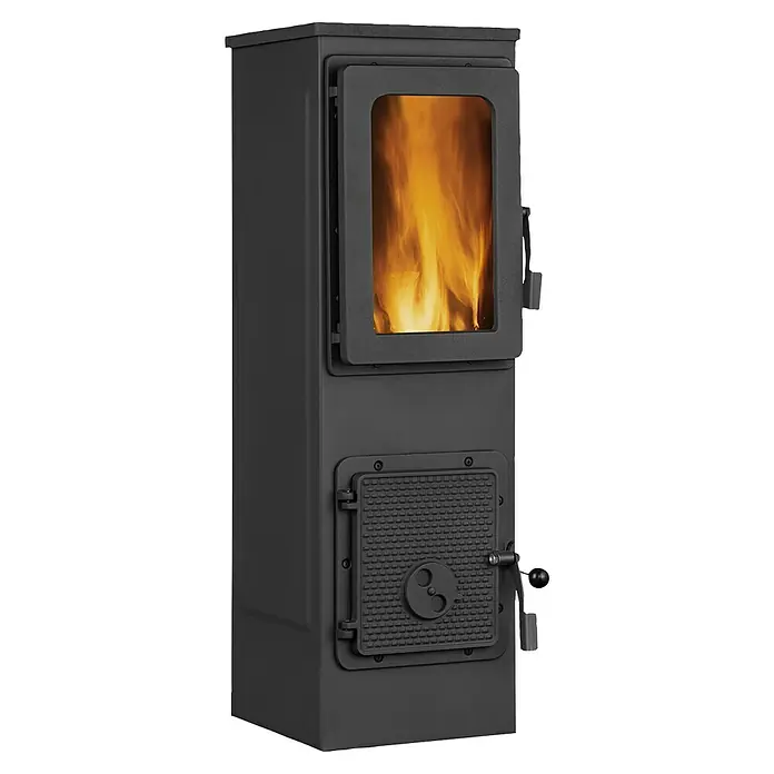 Firefix Werkstattofen VESUV LUX - 6 kW, Raumheizvermögen: 160 m³, Schwarz - Abbildung eines schwarzen Kaminofens mit zwei Türen, wobei die obere Tür ein Fenster hat, durch das man die Flammen sehen kann.