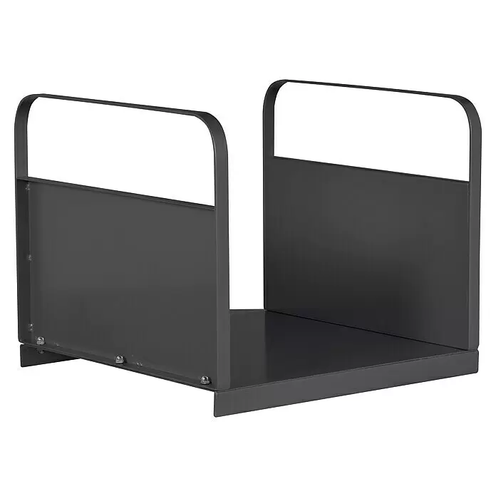 Firefix Holzkorb - 40,5 x 43,5 x 31,5 cm, Stahl, Schwarz - Dunkelgraue Metall-Bücherwagen-Komponente mit zwei gebogenen Seitenwänden und flacher Basis, mit sichtbaren Muttern.