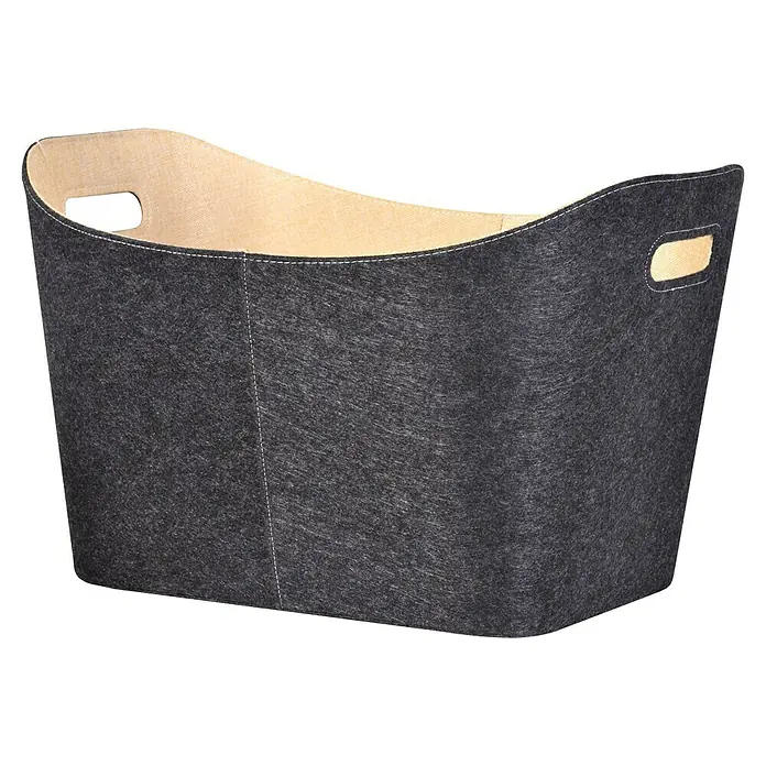 Firefix Filzkorb - 56 x 45 x 36,5 cm, Grau, Beige - Auf dem Bild ist ein grauer Wäschekorb aus Filz mit Griffen und heller Innenseite zu sehen. Er bietet stilvolle Aufbewahrung für Kleidung im Schlaf- oder Badezimmer.