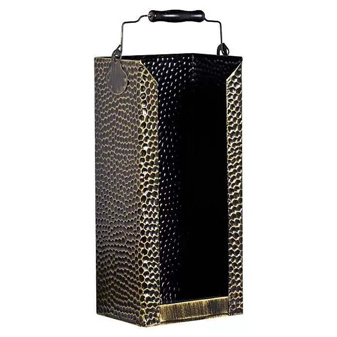 Firefix Brikett-Träger - 14 x 21 x 49 cm, Gold - Hoher schwarzer Ascheeimer aus Metall mit goldener Hammerschlagtextur und schwarzem Holzgriff.