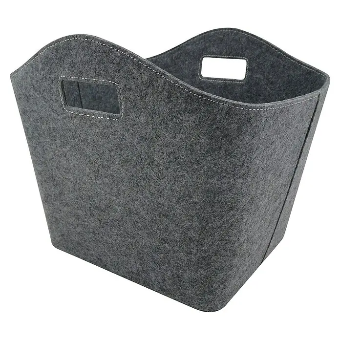 Firefix Filzkorb - 41 x 46 x 37 cm, Grau - Grauer Filzkorb mit Griffen und weißer Naht. Der Filzkorb ist leer und steht vor einem schwarzen Hintergrund.