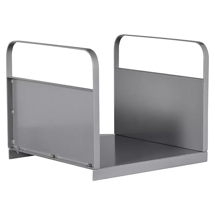 Holzkorb - 40,5 x 43,5 x 31,5 cm, Stahl, Silbergrau - Grauer Metall-Plattformwagen mit zwei gebogenen Endgeländern für den Materialtransport.