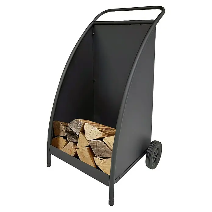 Firefix Kaminholzwagen - L x B x H: 50 x 53 x 86,5 cm, Rollen, Schwarz - Ein schwarzer Kaminholzregalwagen mit Holzscheiten, ideal für die Lagerung und den Transport von Brennholz. Praktisch und stilvoll!