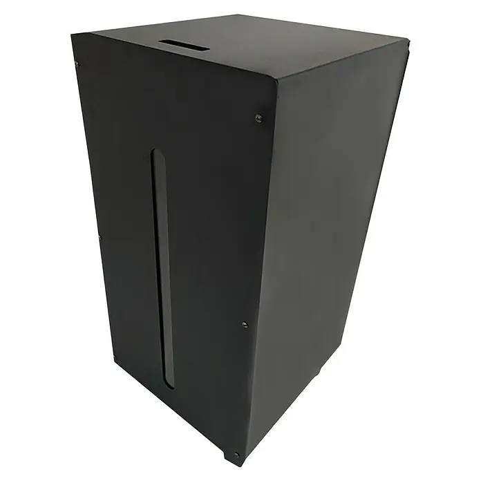 Firefix Pelletbehälter - L x B x H: 37 x 37 x 74 cm, Stahl, Rollen, Schwarz - Schwarzer Metallbehälter mit Schlitzöffnung oben und schmalem, rechteckigem Ausschnitt an der Seite, ideal für stilvolle Abfallentsorgung.
