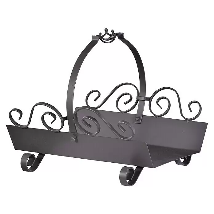 Firefix Holzkorb Nostalgie 2 - 41,5 x 42,5 x 38 cm, Schwarz - Dunkler, dekorativer Metallkorb mit hohem, geschwungenem Griff und verschnörkelten Details.