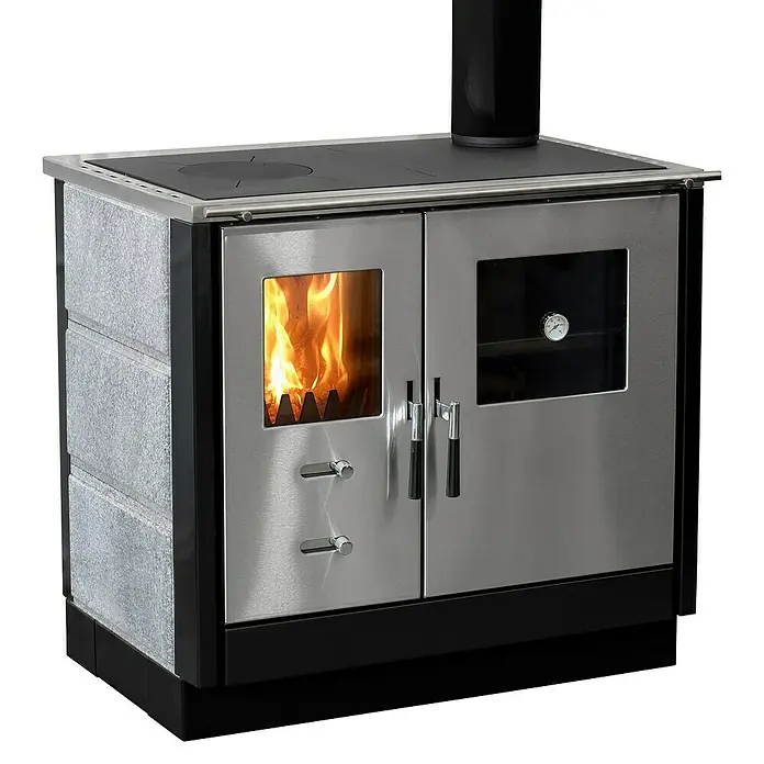 Firefix Küchenherd Maas - 8,3 kW, Raumheizvermögen: 169 m³, Naturstein - Elegantes Kochfeld mit Backofen und Feuerstelle. Der Herd verfügt über eine Kochplatte, eine Backofentür mit Sichtfenster und ein Feuerraumfenster.