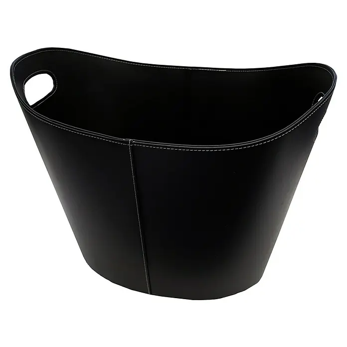 Firefix Holzkorb - 35 x 53 x 41 cm, Kunstleder, Schwarz - Eleganter schwarzer Leder-Abfalleimer mit weißen Ziernähten und praktischen Griffen für stilvolle Abfallentsorgung im Büro oder Zuhause.