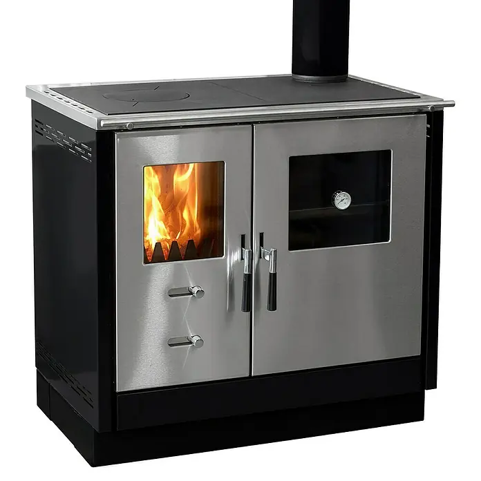 Firefix Küchenherd Maas8,3 kW, Raumheizvermögen: 169 m³, Schwarz - Edelstahl Holzofen mit Kochfeld und Sichtfenster, das eine gemütliche Wärme und Kochmöglichkeiten bietet.