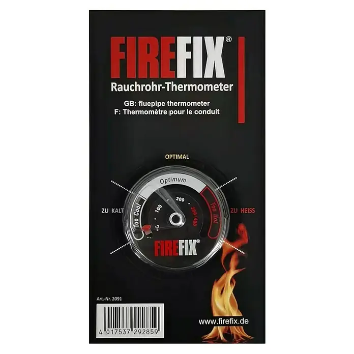 Firefix Thermometer - L x B x H: 11,5 x 11,5 x 22 cm, Schwarz - Abbildung einer FIREFIX Rauchrohr-Thermometer-Verpackung, die das Produkt und seine Temperaturbereiche zeigt.