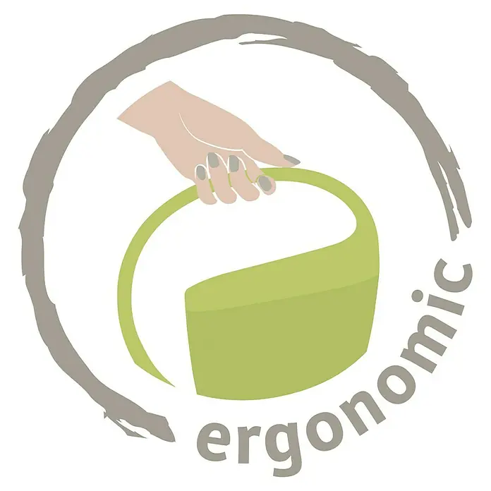 Scheurich Gießkanne Loop - Green, 1,4 l - Logo mit ergonomischer Tasche. Hand hält einen grünen, ergonomisch geformten Shopper in einem grauen Kreis. Ideal für komfortables Tragen.