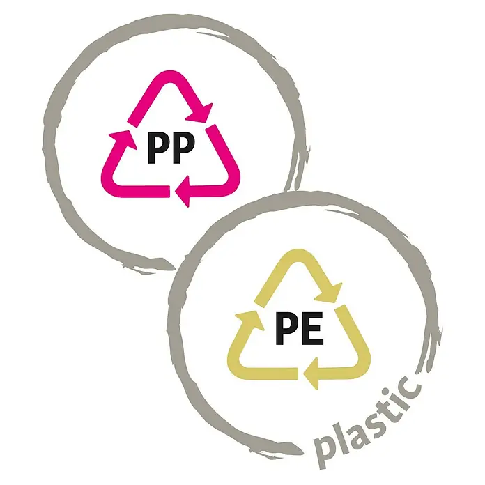 Scheurich Smilla Handsprüher - 0,7 l, Matt White - Recycling-Symbole für Kunststoff: PP (Polypropylen) in Pink und PE (Polyethylen) in Gelb, umgeben von grauen Kreisen für korrekte Abfalltrennung.