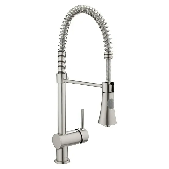 Camargue Merida Spültischarmatur - Niederdruck, Edelstahl, Matt, Brausestrahl - Eine moderne Küchenarmatur aus Edelstahl mit einem spiralförmigen Auslauf für flexible Nutzung. Perfekt für jede Küche.