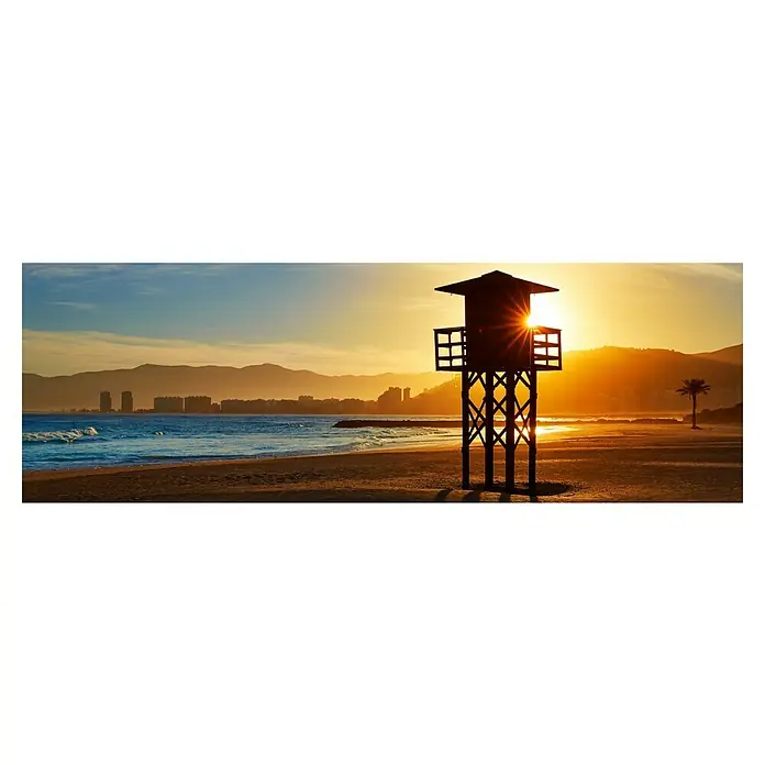 Cuadro Playa Los Olivos - Playa Los Olivos, An x Al: 120 x 40 cm, 1 pzs. - Escena de playa con una torre de socorrista bañada por la luz dorada, capturando un momento costero tranquilo y sereno.