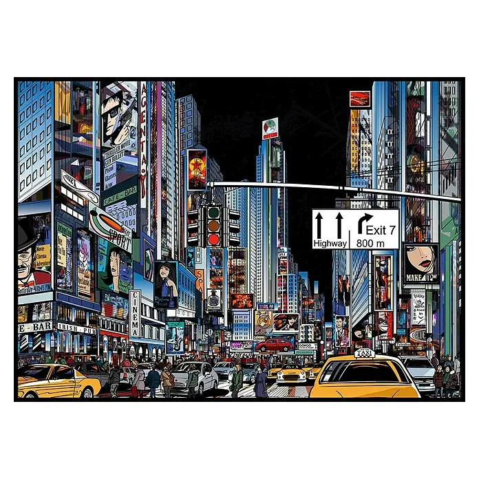 Lienzo City Pop Art - City Pop Art, An x Al: 50 x 70 cm - Paisaje urbano vibrante con taxis amarillos, carteles publicitarios coloridos y gente bulliciosa en la calle, capturando la energía de la vida urbana.