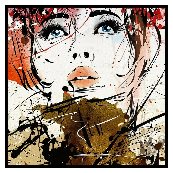 Cuadro Cara chica - An x Al: 40 x 40 cm, 1 pzs. - Obra de arte de una joven con ojos azules y maquillaje llamativo, adornada con salpicaduras de pintura que dan a la imagen una expresión dinámica.