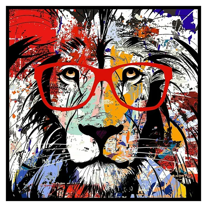 Cuadro León - An x Al: 40 x 40 cm, 1 pzs. - Ilustración abstracta de un león con gafas rojas, que ofrece al espectador una impresión moderna y artística.