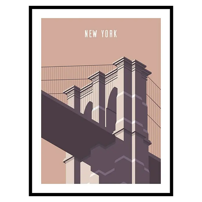Cuadro Brooklyn - An x Al: 30 x 40 cm, 1 pzs. - Ilustración del puente de Brooklyn con el texto "New York". Una obra de arte moderna que muestra el horizonte de Nueva York con estilo.
