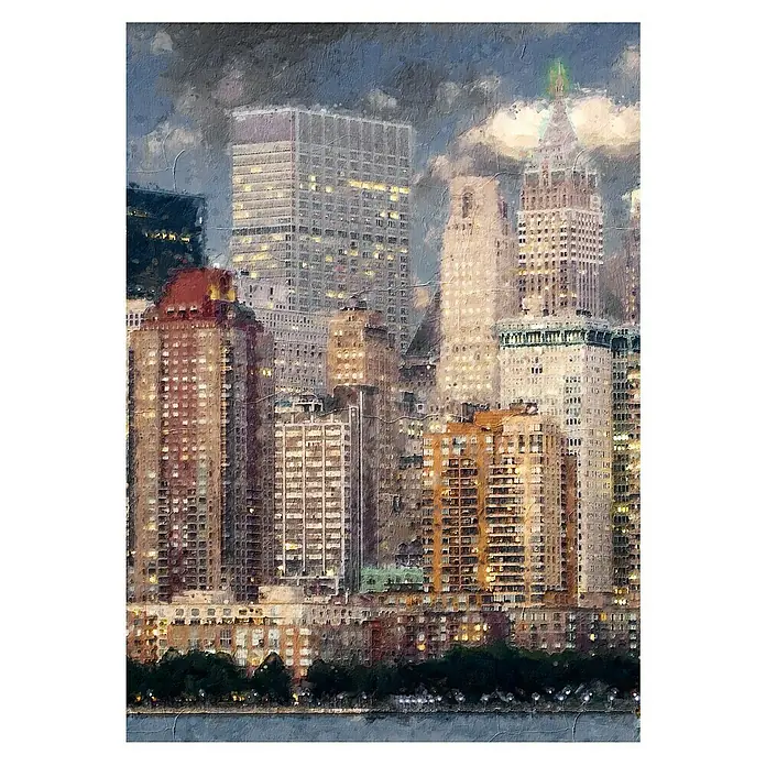 Lienzo Manhattan - Hojas tropical, An x Al: 50 x 70 cm - Vista pintada del horizonte de la ciudad de Nueva York, con edificios emblemáticos reflejados en el agua brillante.