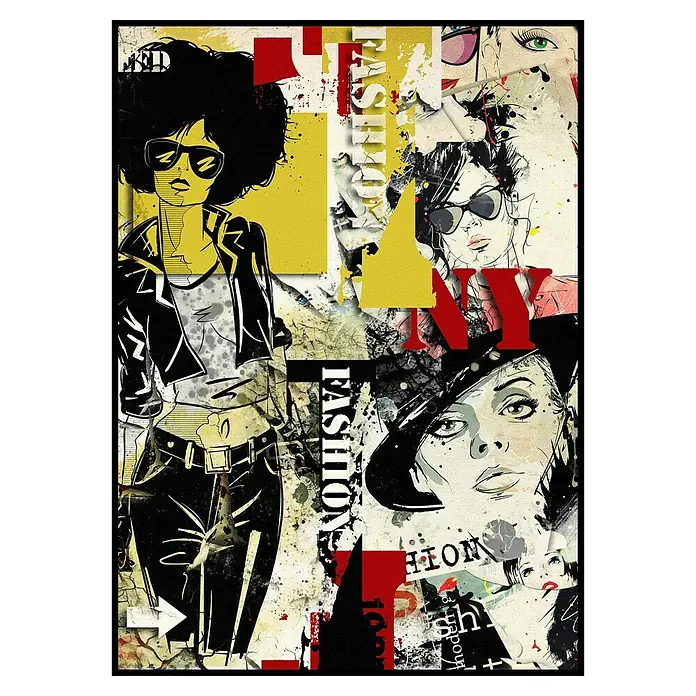 Lienzo Collage fashion - Collage fashion, An x Al: 50 x 70 cm - Collage con dibujos de moda y fragmentos de texto en amarillo, rojo y negro. Una pieza abstracta y elegante para los amantes de la moda.
