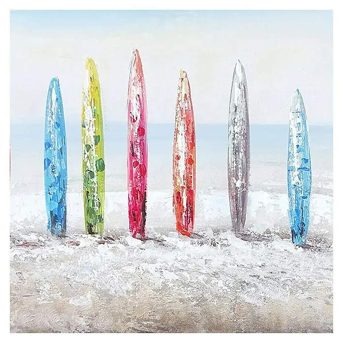 Lienzo Tablas de color - Tablas de color, An x Al: 40 x 40 cm - La imagen muestra una pintura colorida de tablas de surf en una playa. Los colores vibrantes y las pinceladas sueltas capturan la esencia de un día de verano.