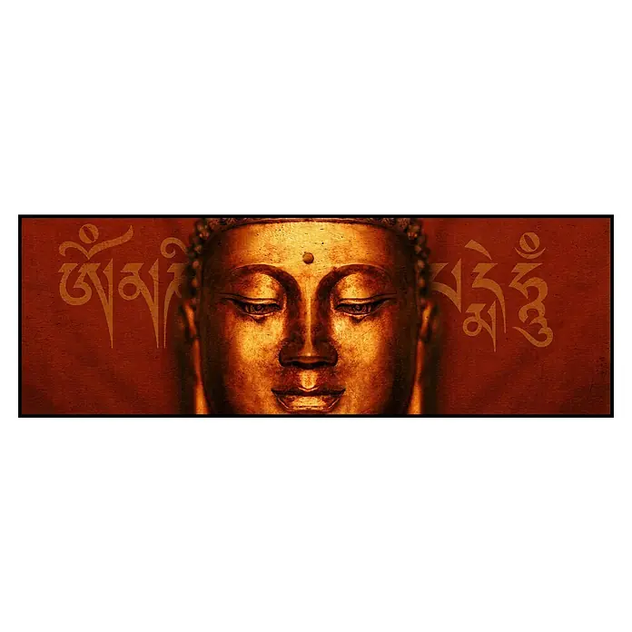 Lienzo Buda granate - Buda granate, An x Al: 120 x 40 cm - Estatua dorada de Buda con escritura tibetana al fondo, que emana paz espiritual y sabiduría.