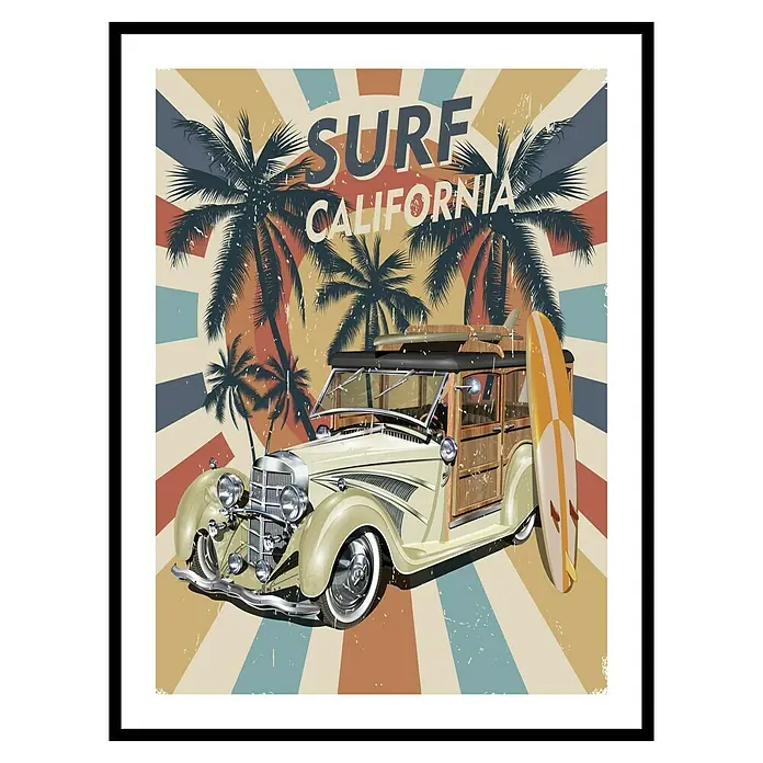 Cuadro Surf color - An x Al: 30 x 40 cm, 1 pzs. - Póster vintage con un coche de surf clásico, palmeras y la inscripción "Surf California" para un toque de ambiente veraniego retro.