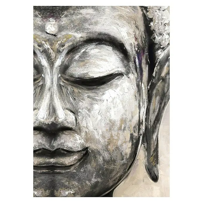 Lienzo Buda blanco - Buda blanco, An x Al: 50 x 70 cm - Primer plano de una escultura de Buda con un ojo cerrado, que emana serenidad espiritual y paz.