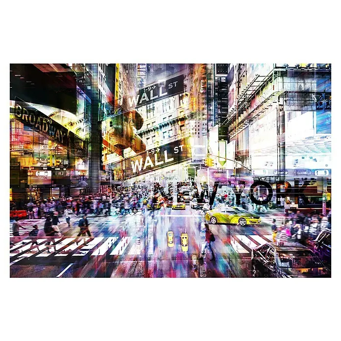 Cuadro Collage NY - Collage NY, An x Al: 120 x 80 cm, 1 pzs. - Representación vibrante de la ciudad de Nueva York con letreros de Broadway y Wall St, calles concurridas y taxis amarillos, capturando la esencia de la vida urbana.