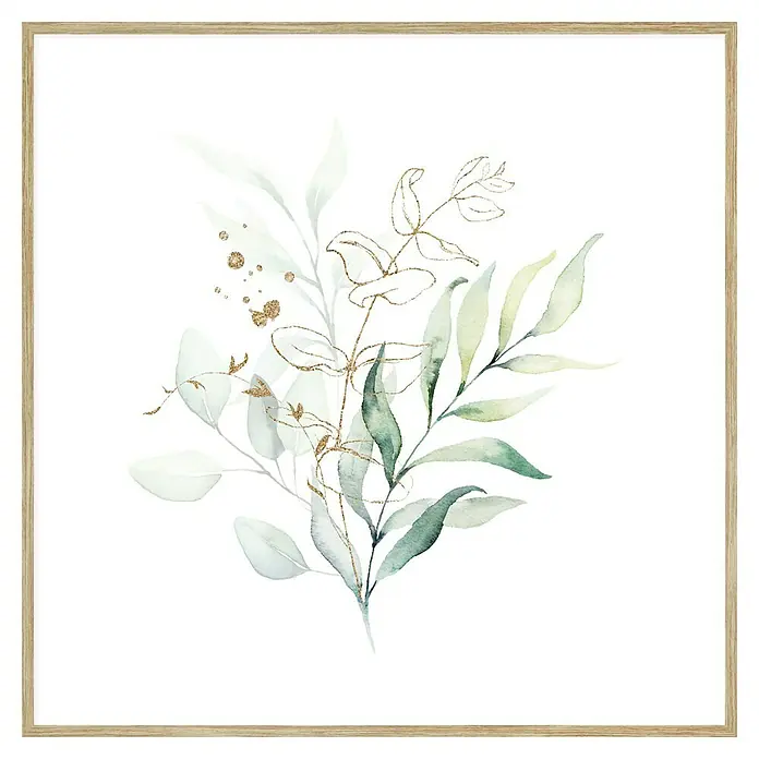 Cuadro Flor Aqua 1 - An x Al: 40 x 40 cm, 1 pzs. - Una pintura botánica en acuarela enmarcada con hojas verdes y detalles dorados que evoca un ambiente sereno y elegante.