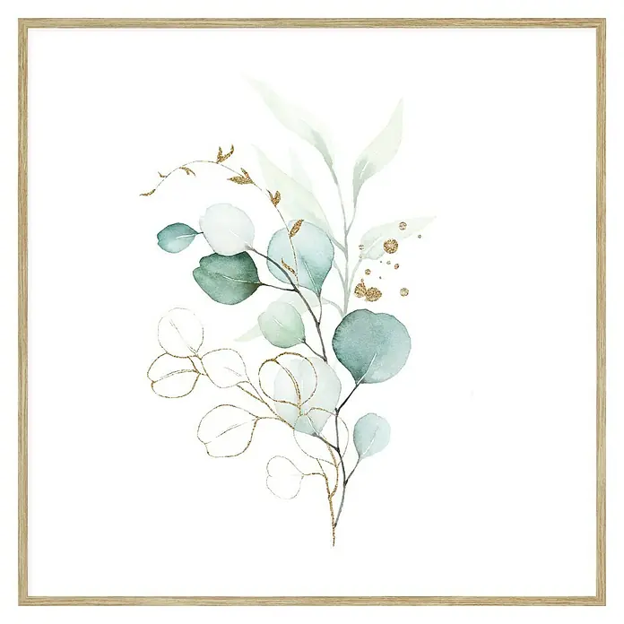 Cuadro Flor Aqua 2 - An x Al: 40 x 40 cm, 1 pzs. - Ilustración de hojas de eucalipto a la acuarela con detalles dorados en un marco de madera clara. Una decoración de pared elegante para cualquier habitación.