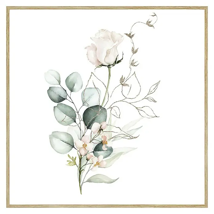 Cuadro Rosa 1 - An x Al: 40 x 40 cm, 1 pzs. - Cuadro de acuarela con una rosa delicada, hojas de eucalipto y detalles dorados, elegantemente enmarcado para una decoración de pared elegante.