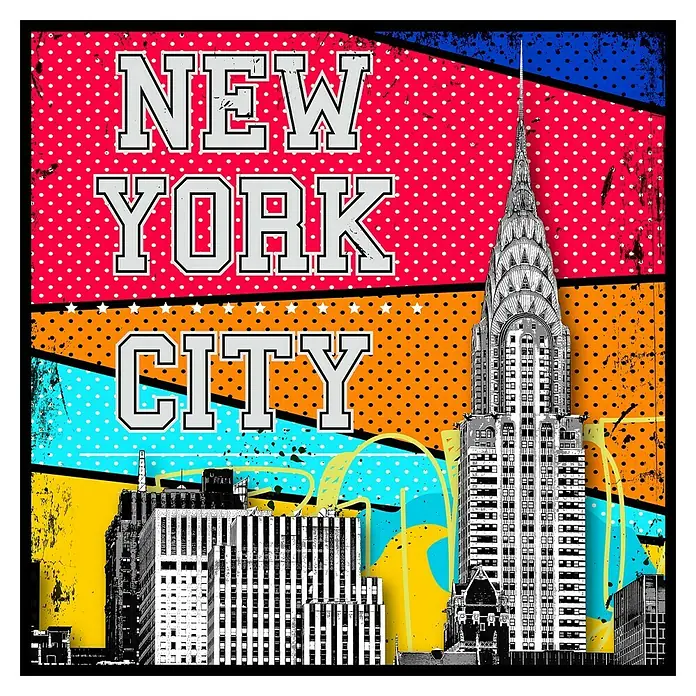 Cuadro NY Pop art - An x Al: 40 x 40 cm, 1 pzs. - Vibrante póster de la ciudad de Nueva York con el Chrysler Building y elementos pop art, ideal para un hogar u oficina moderna.